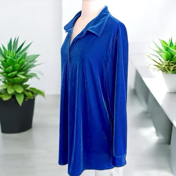 Soft Surroundings Blue Velour Boyfriend Button Down Tunic Shirt - Picture 15 of 16